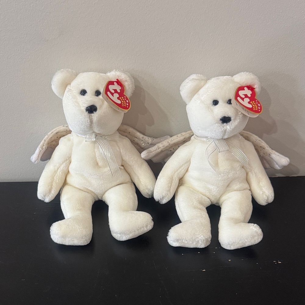 Pair of TY White Angel Bear Plush “Herald” - Soft Collectible Kids Toy